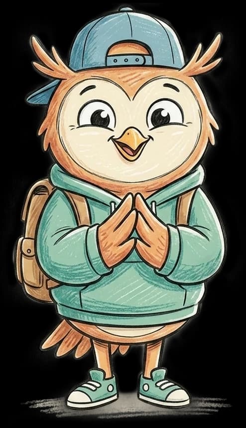 Plumo, la mascotte de PlumoBOX, les mains jointes d'un air timide